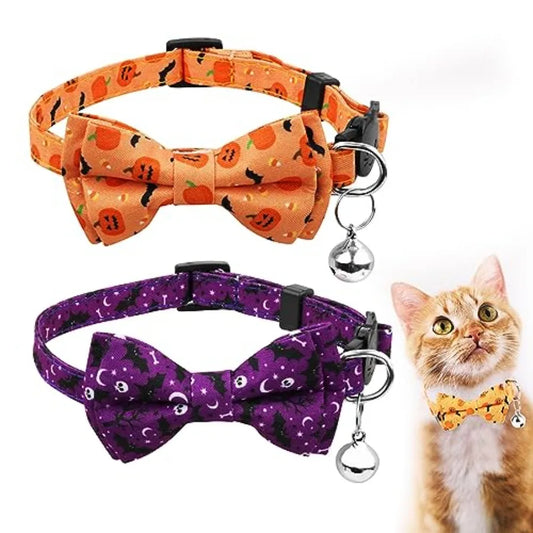 2pcs Halloweedjustable Cat Collar with Bow Printed Pumpkin Bats Pattern Breakaway with Silver Bell Cute Collar for Kitten Puppy