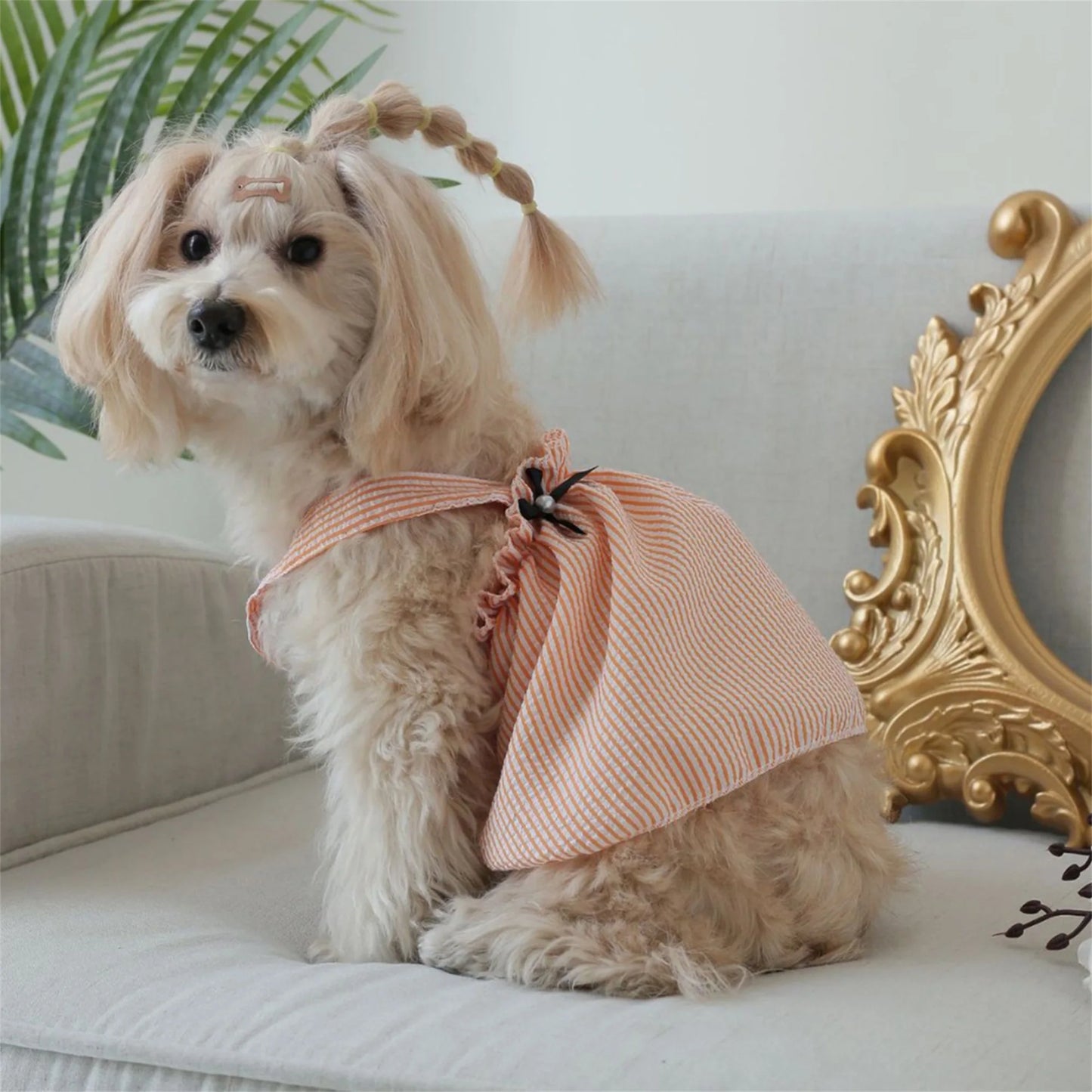 Cute Floral Print Sleeveless Dog Dress with Bowknot Summer Princess Pet Clothes for Puppy and Kittens Fashionable Striped Cat