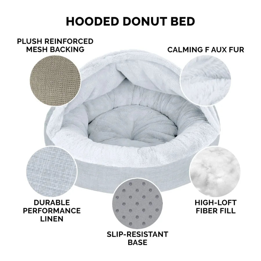 Plush Performance Linen Hooded Donut Pet Bed for Dogs Cats Mist Gray Extra Small 20 Ideal for Cozy Resting Spaces in Living Roo