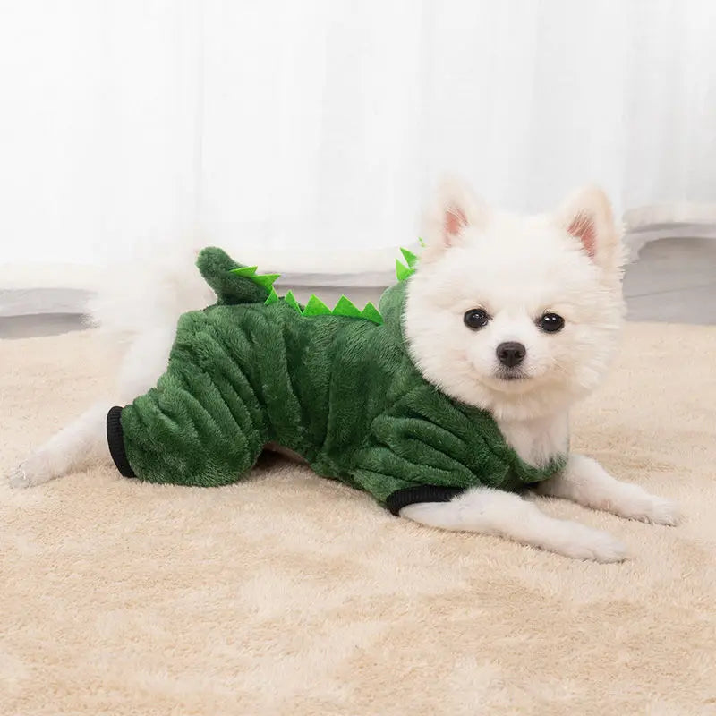 Dinosaur Costume Thermal Outfit for Small Dogs: 4-Leg Warm Jumpsuit with Hood for Pets - Cute & Cozy Winter Pet Clothing