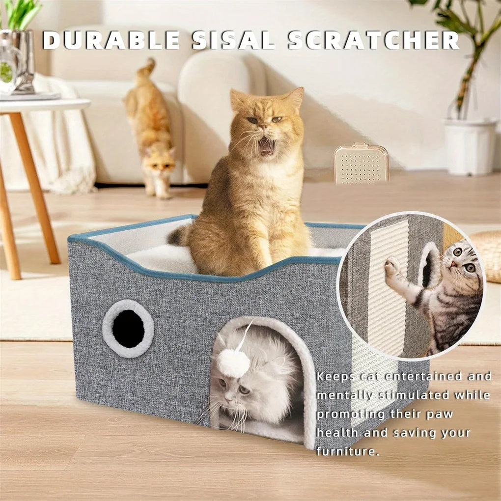 Extra-Wide Cat House for Indoor Cats - Large Cat Cave for Pet Cat House with Fluffy Ball Hanging and Scratch Pad, Foldable Cat