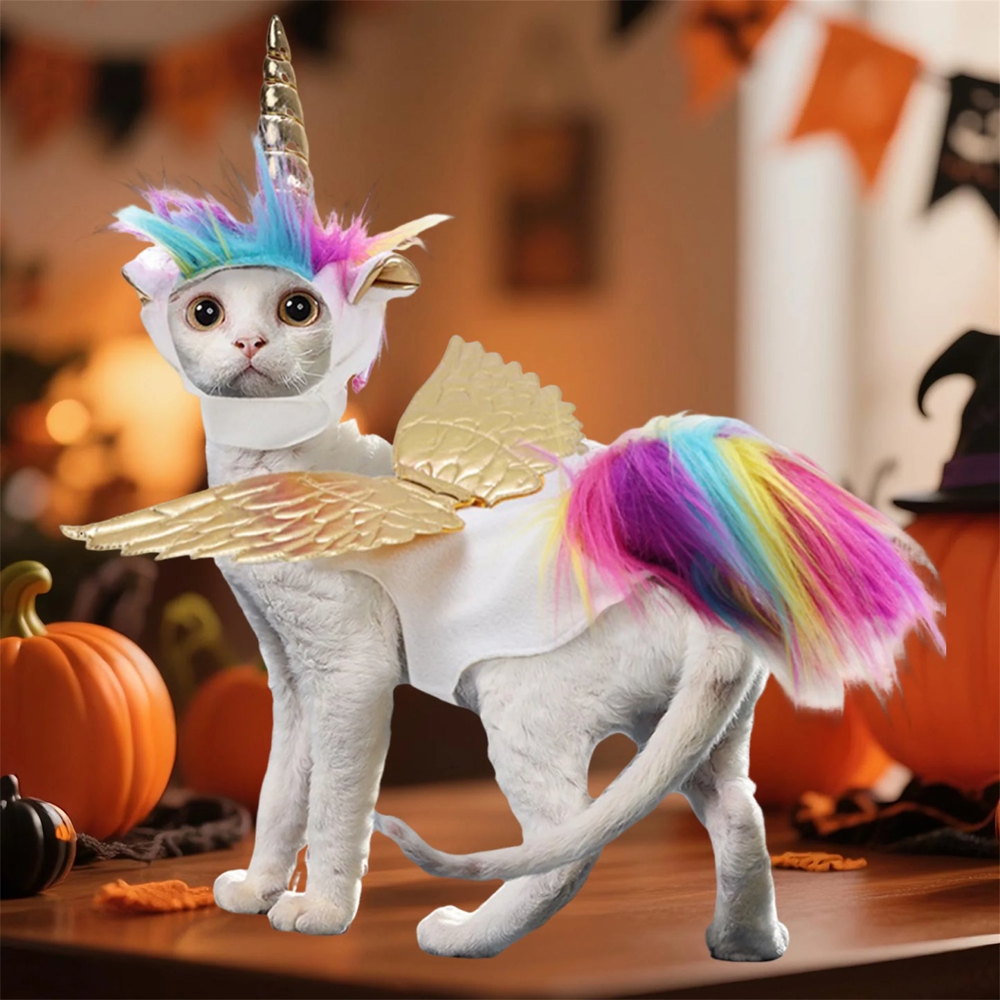 Funny Pet Cat Unicorn Costume Set with Horn Wings and Rainbow Mane - Adorable Cosplay Outfit for Halloween Party Supplies and