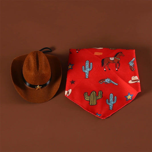 Dog Cowboy Costume Vintage Wild West Hat and Paisley Print Bandana Set Halloween Costume for Small Pets