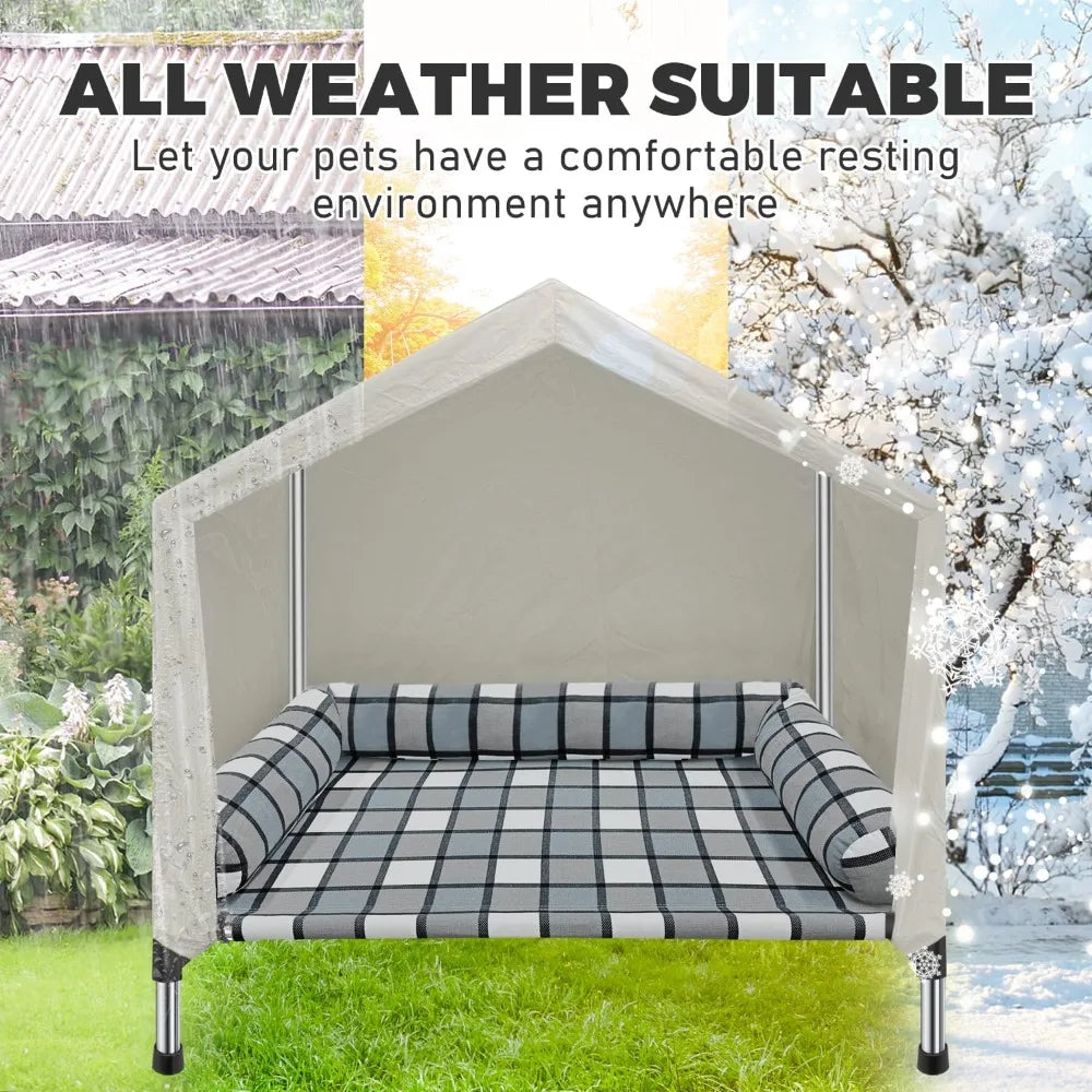 Dog Pet Bed House - Weatherproof 2-in-1 Indoor Outdoor Pet Cot with Canopy Cooling Portable Raised Dog Bed with Pillow