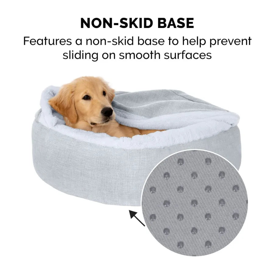 Plush Performance Linen Hooded Donut Pet Bed for Dogs Cats Mist Gray Extra Small 20 Ideal for Cozy Resting Spaces in Living Roo