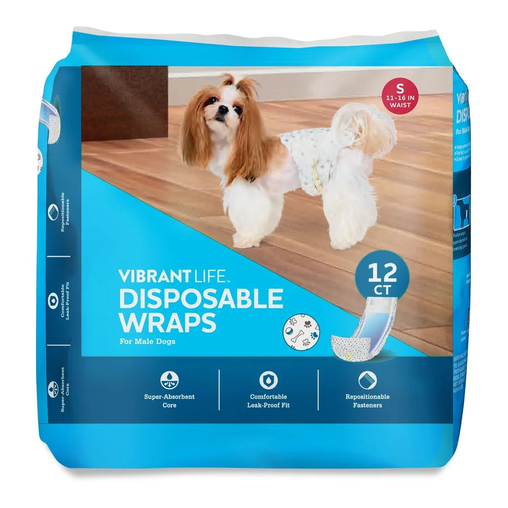 Disposable Male Dog Wraps Super Absorbent Leak Proof with Wetness Indicator Repositionable Fasteners Small Size 12 Count