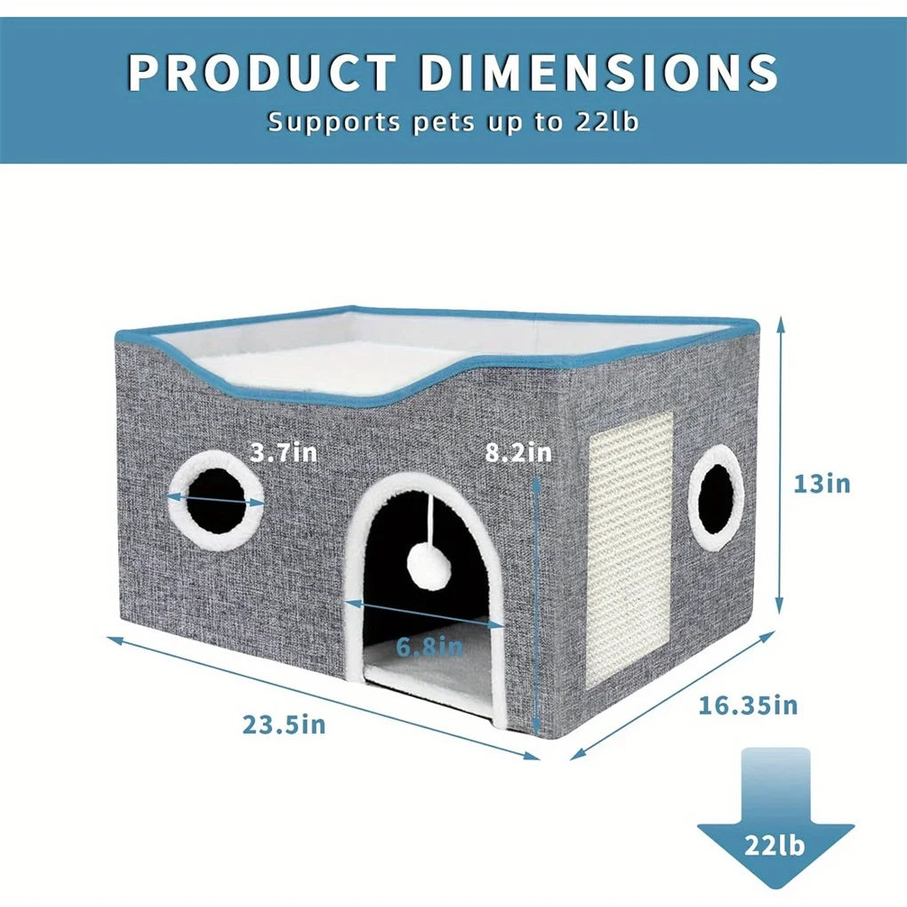 Extra-Wide Cat House for Indoor Cats - Large Cat Cave for Pet Cat House with Fluffy Ball Hanging and Scratch Pad, Foldable Cat