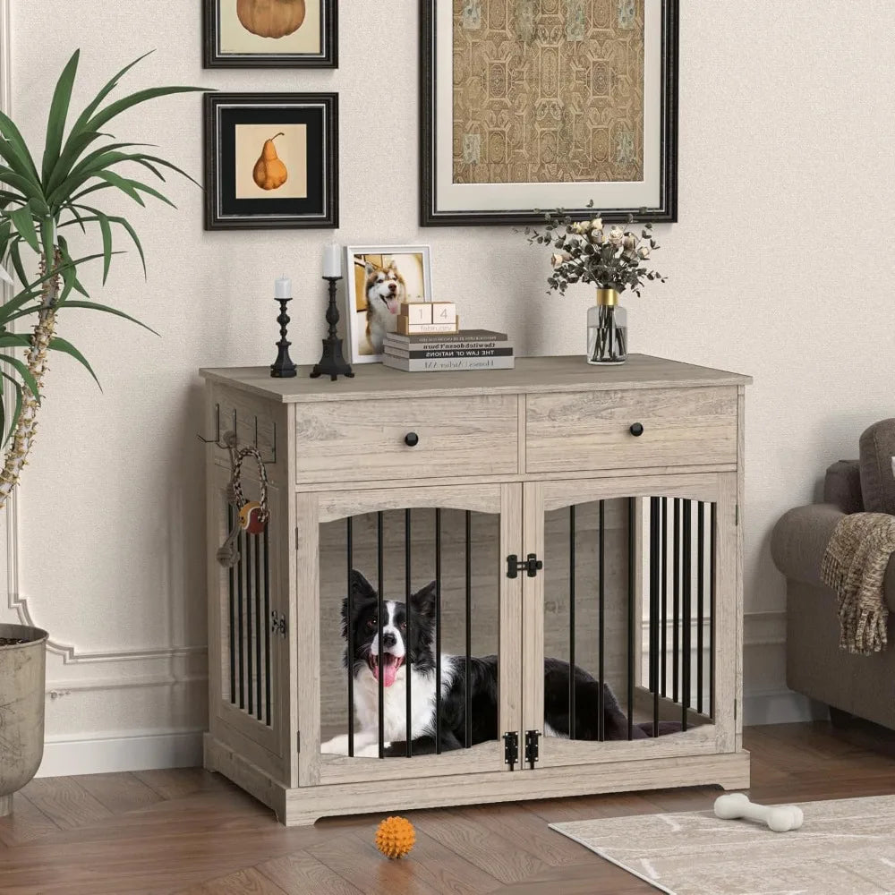 Dog Crate Furniture-Farmhouse Dog Kennel with Drawers-End Table Wooden Pet Crate, Double Door Design,Decorative Dog House Indoor