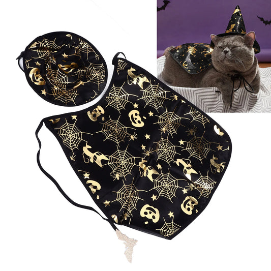 Pet Halloween Costumes Pumpkin Spiderweb Pattern Cape Set Polyester Adjustable Mysterious Pet Cloak and Hat Set for Parties
