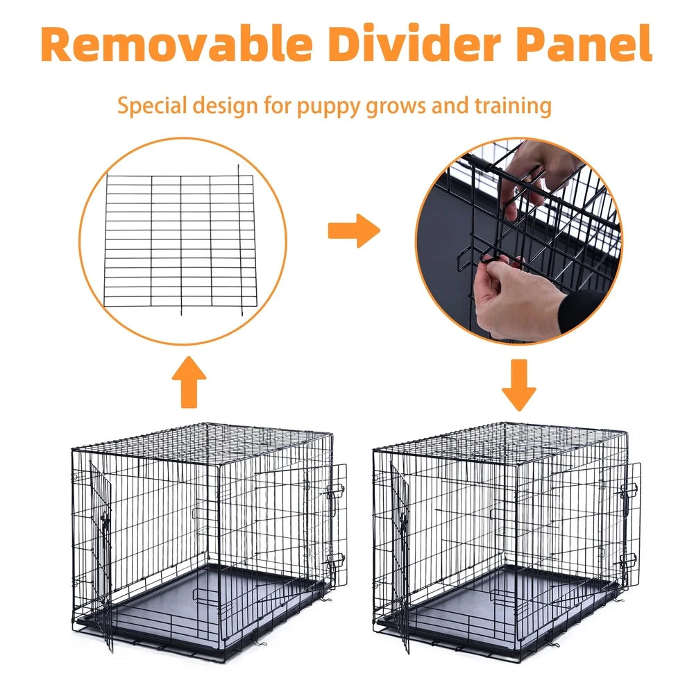 36inch Double-Door Foldable Metal Dog Crate with Tray Divider Heavy-Duty Wire Kennel Large Dogs Easy Assembly Transport