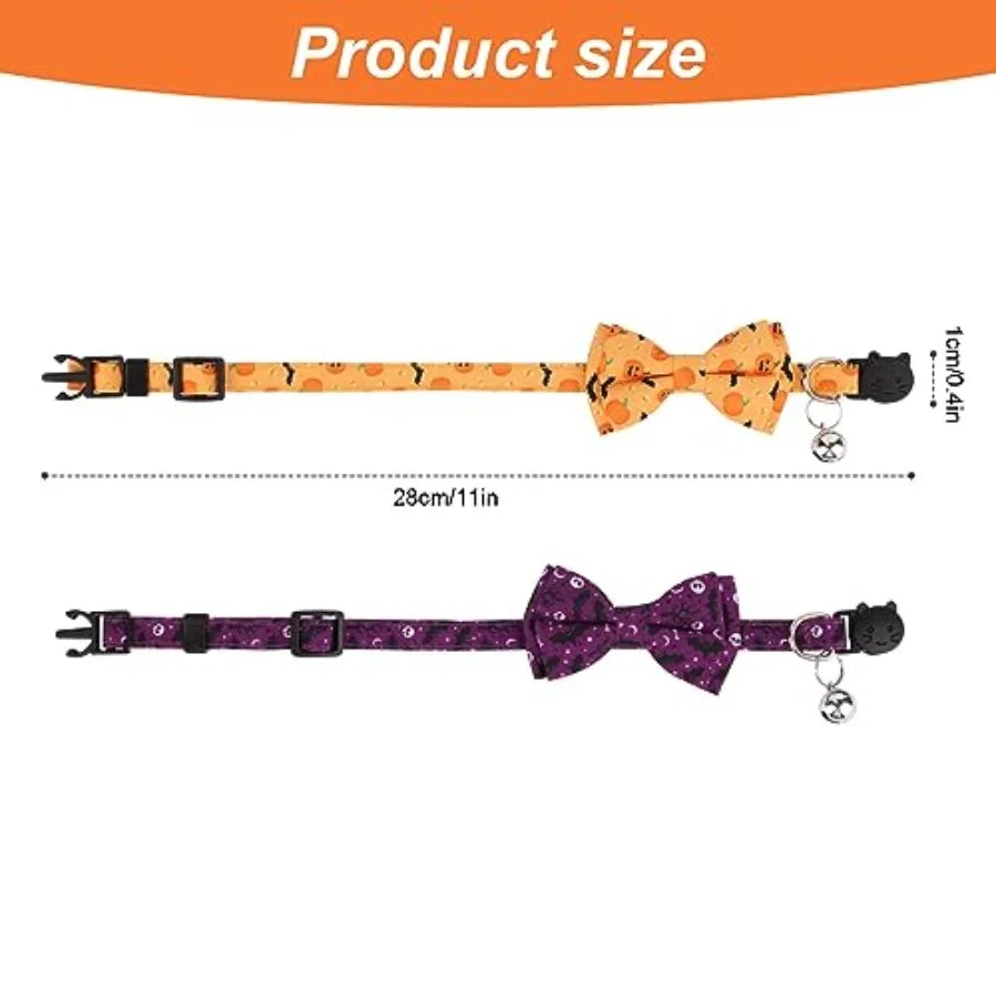2pcs Halloweedjustable Cat Collar with Bow Printed Pumpkin Bats Pattern Breakaway with Silver Bell Cute Collar for Kitten Puppy