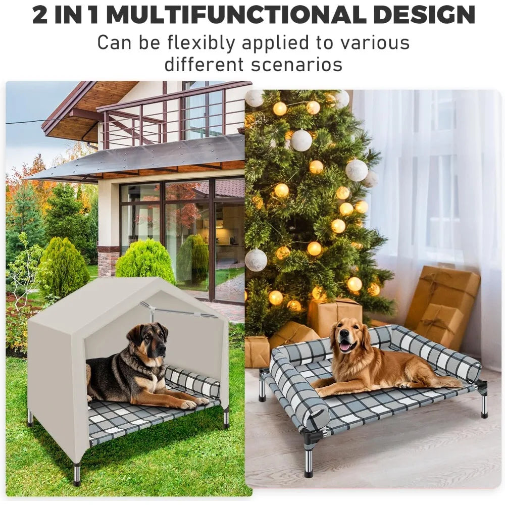 Dog Pet Bed House - Weatherproof 2-in-1 Indoor Outdoor Pet Cot with Canopy Cooling Portable Raised Dog Bed with Pillow