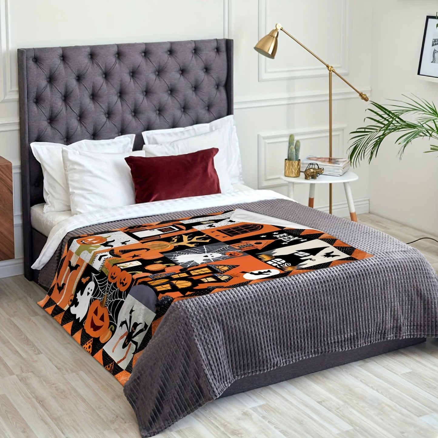 Flannel Halloween Throw Blanket - Contemporary Style, Seasonal Autumn Theme, Soft Polyester, Knitted Weave, Digital Print, Spook