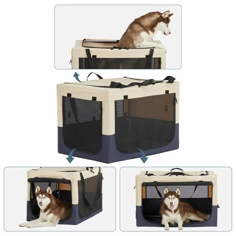 Adjustable Fabric Dog Crate - Travel Design with 3 Doors, Strengthened Sewing, Durable Iron Pipe Frame