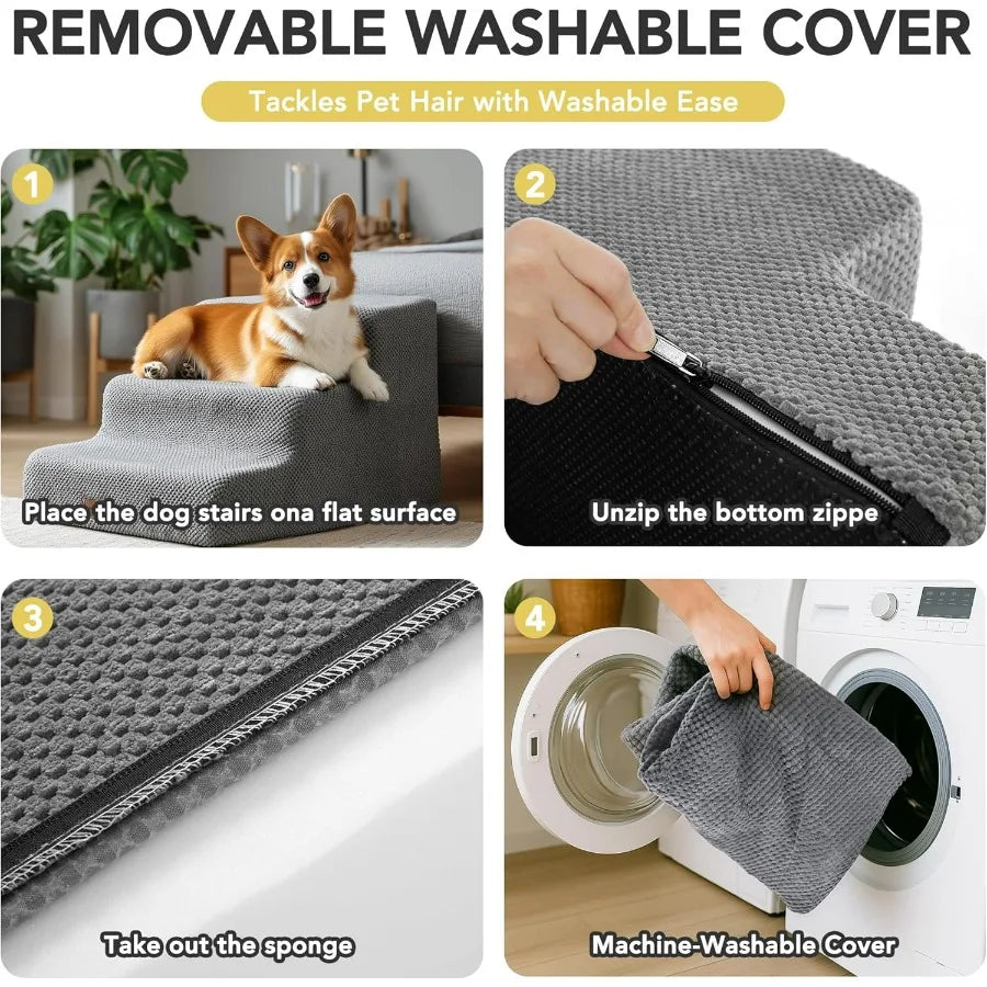 Pet Stairs for Small Elderly Dogs Cats 3Step Dog Ramp NonSlip Surface Soft Washable Cover Portable for Couch Bed Use Ideal for