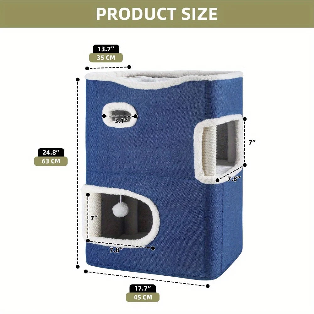 2-Level Plush Cat Condo with Cooling Mat & Soft Fleece Top, Multiple Scratching Posts, Cozy Hideout Cave, Blue Pet Furniture