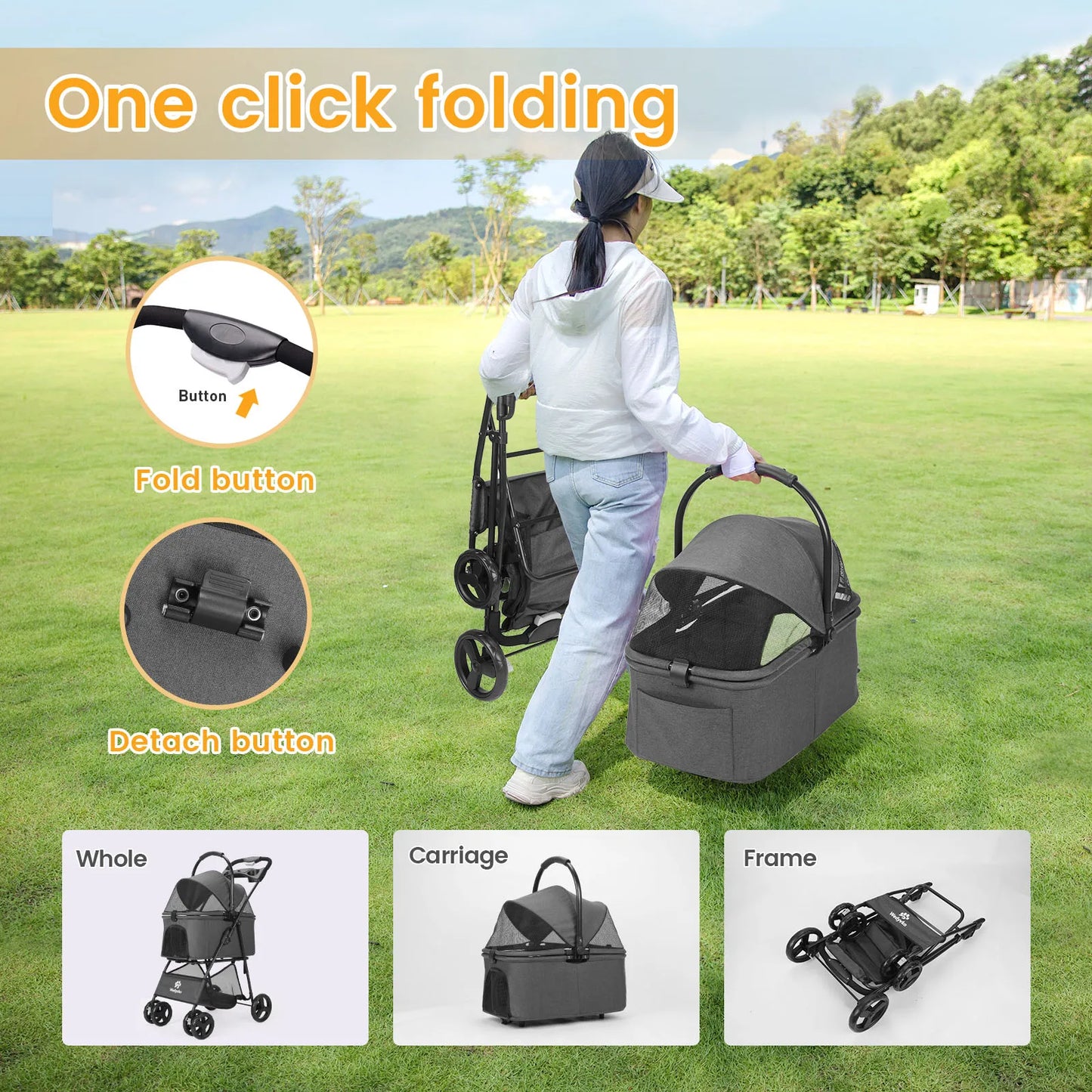 Wedyvko Luxury Detachable Pet Stroller Light Cup Holder Design Four-wheeled Universal Wheel Dog Cart Outdoor Travel Carrying Bag