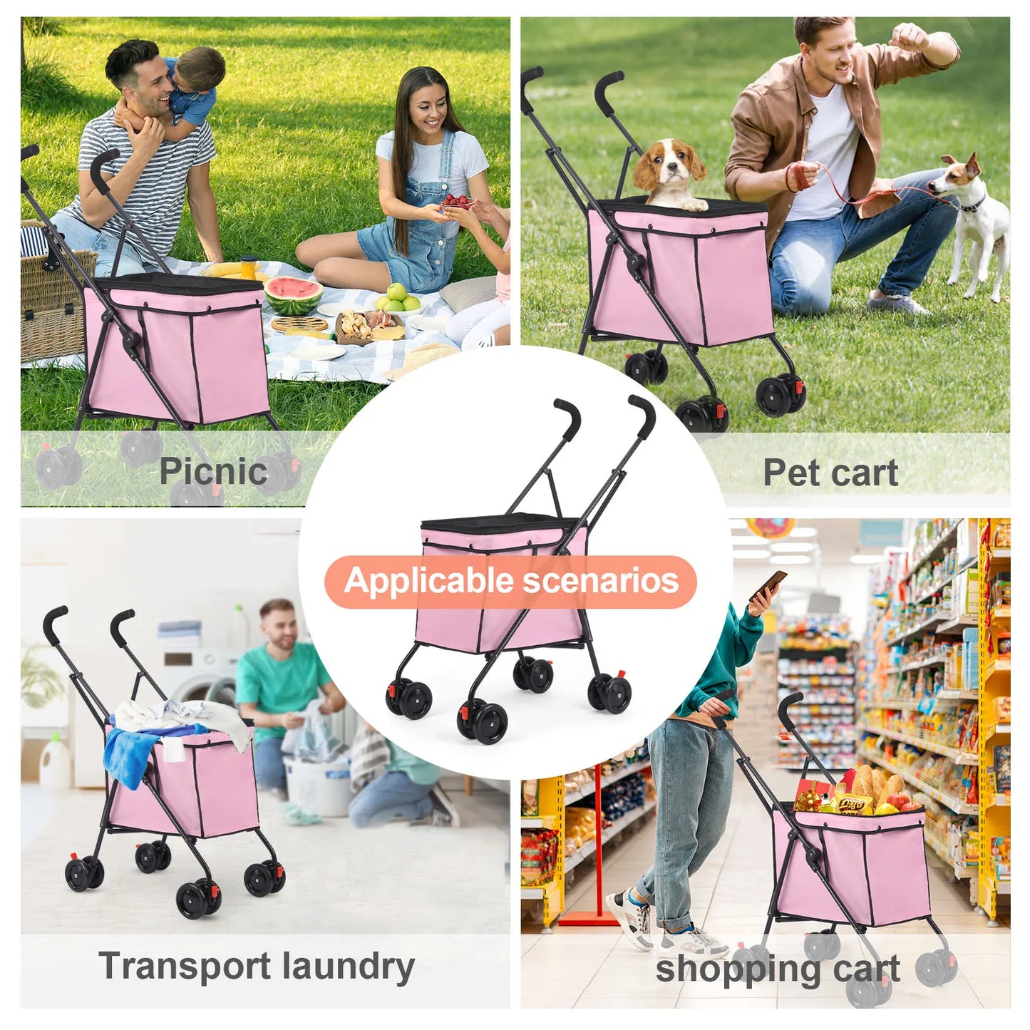 Wedyvko Shopping Trolley 33lbs 4 Wheels Dog Stroller Rotate Pink Pet Puppy StrollerTravel Hand Cart Folding einkaufswagen