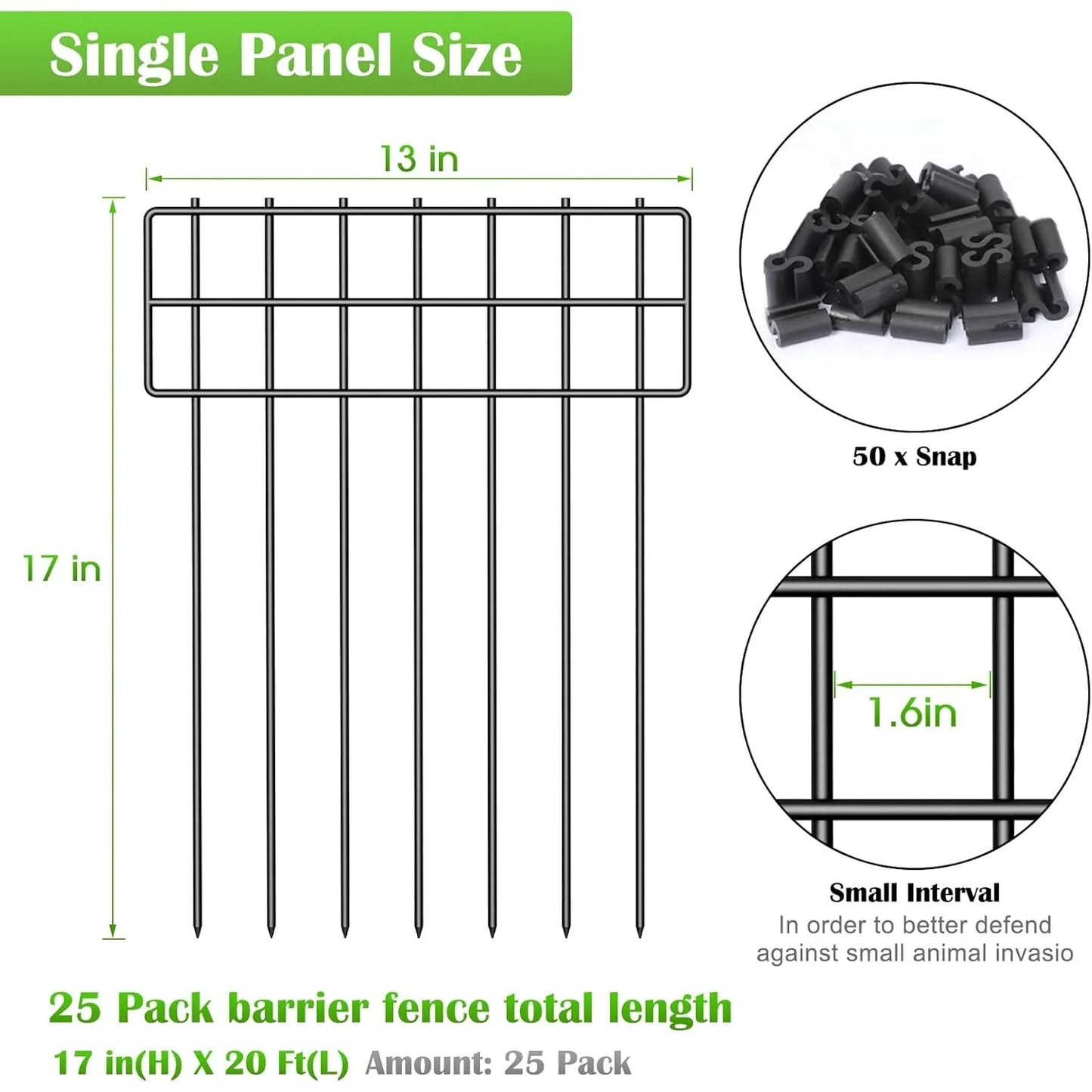 25-Pack Rustproof Animal Fence - 17inHx27ftL No-Dig Metal Wire Panels for Garden/Patio, Pet Barrier with Ground Stakes (Black)