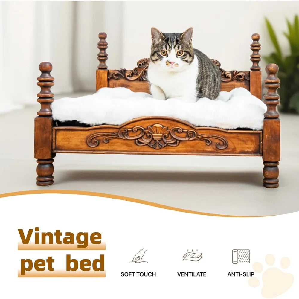 Retro Style White Wooden Cat and Dog Bed with Non-Slip Bottom, 25.1 x 21.6 Inches