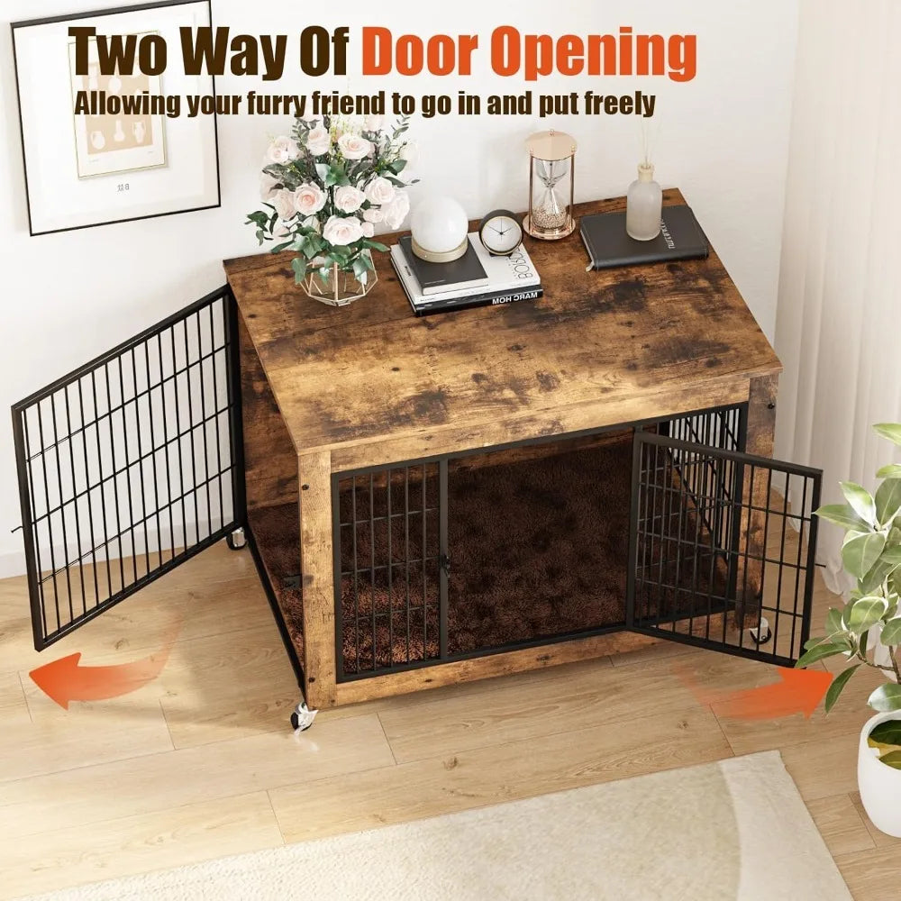 38 Inch Dog Crate Furniture with Cushion, Double Doors Wooden Dog Kennel Cage Indoor with Wheels, Pet House Decorative