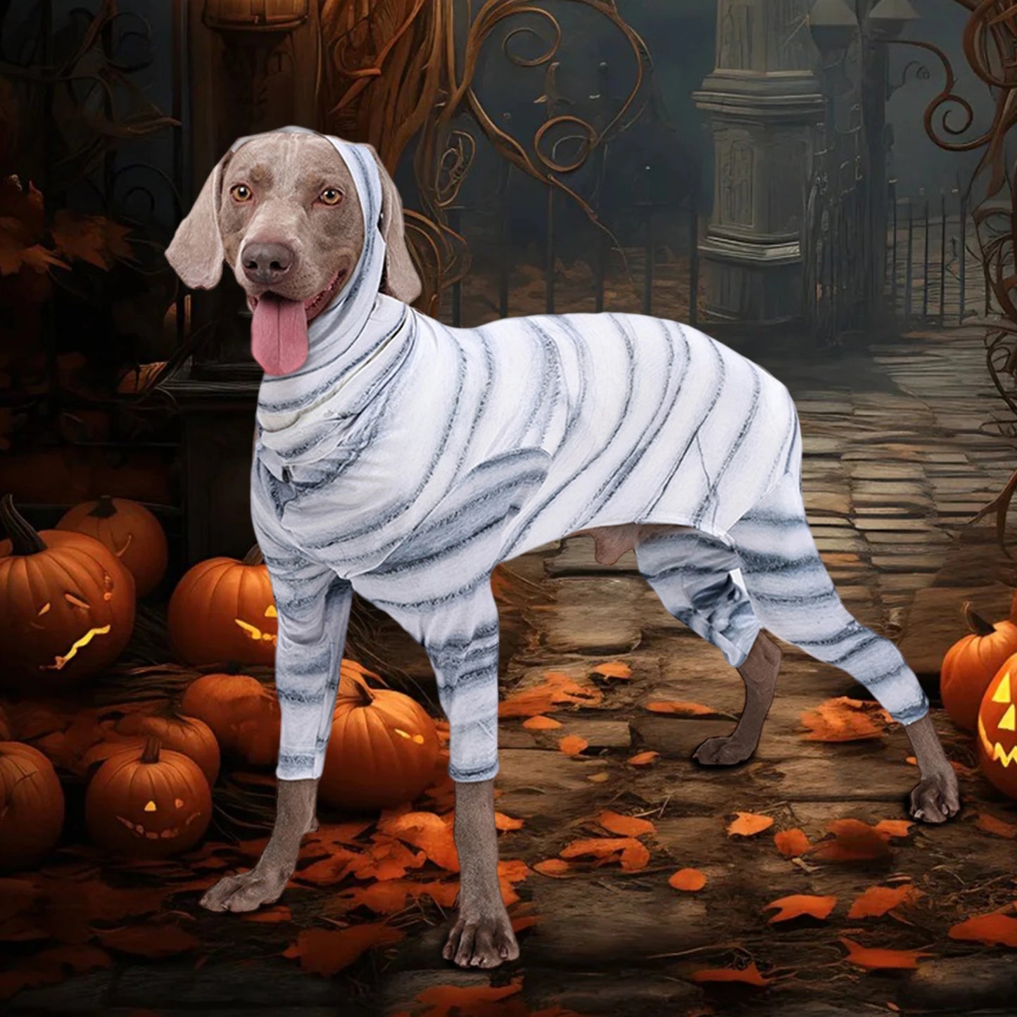 Funny Halloween Costume for Dogs and Cats - Striped Mummy Print Jumpsuit for Pet Cosplay Party Outfit Perfect for Decoration
