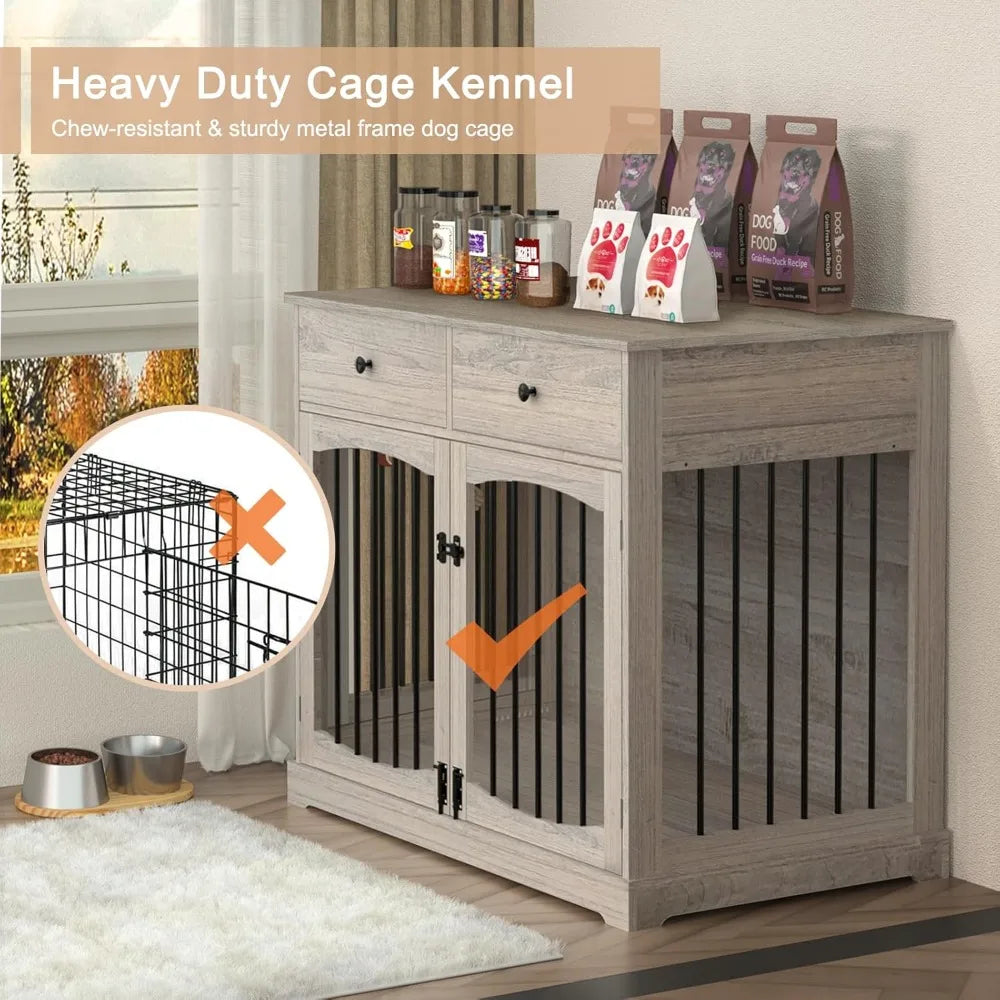 Dog Crate Furniture-Farmhouse Dog Kennel with Drawers-End Table Wooden Pet Crate, Double Door Design,Decorative Dog House Indoor
