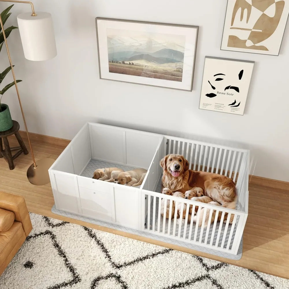 Whelping Box for Dogs, Dog Whelping Box with Waterproof Pee Pad & Adjustable Door for Small, Medium & Large Breed Dogs, 65" x 3
