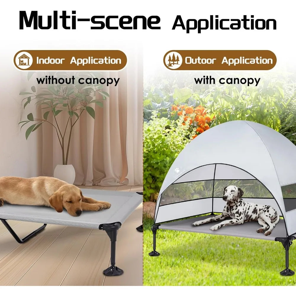 Elevated Dog Bed with Upgraded Canopy, Raised Outdoor Dog Tent with Powerful Anti-Slip Feet, Portable Pet Cot with Larger Shade,