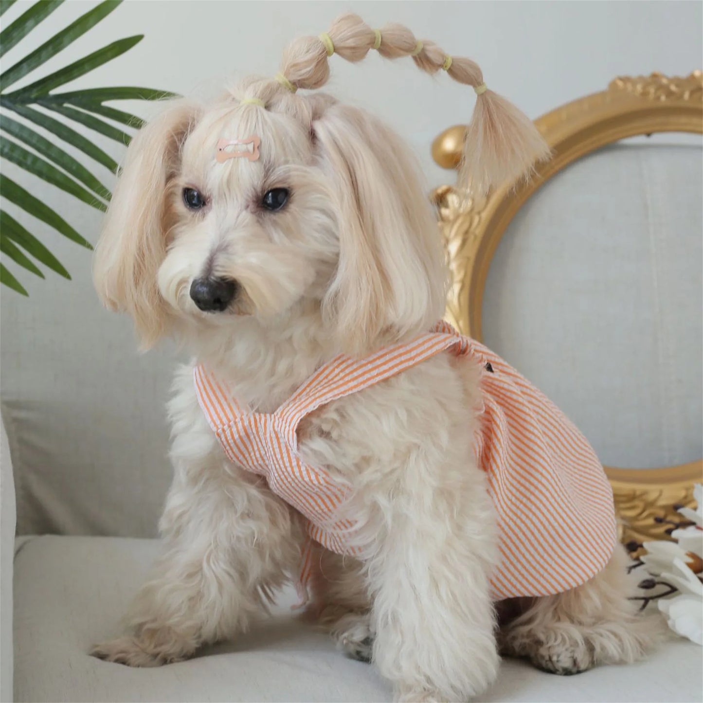 Cute Floral Print Sleeveless Dog Dress with Bowknot Summer Princess Pet Clothes for Puppy and Kittens Fashionable Striped Cat