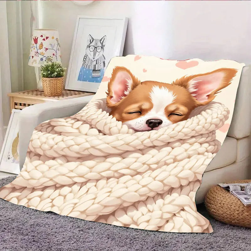 1pc Flannel Blanket Cute Chihuahua in Knit Blanket Cozy Throw for Home Decor