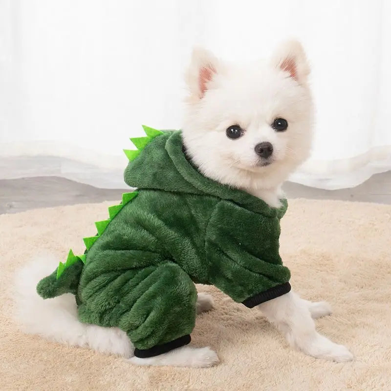 Dinosaur Costume Thermal Outfit for Small Dogs: 4-Leg Warm Jumpsuit with Hood for Pets - Cute & Cozy Winter Pet Clothing