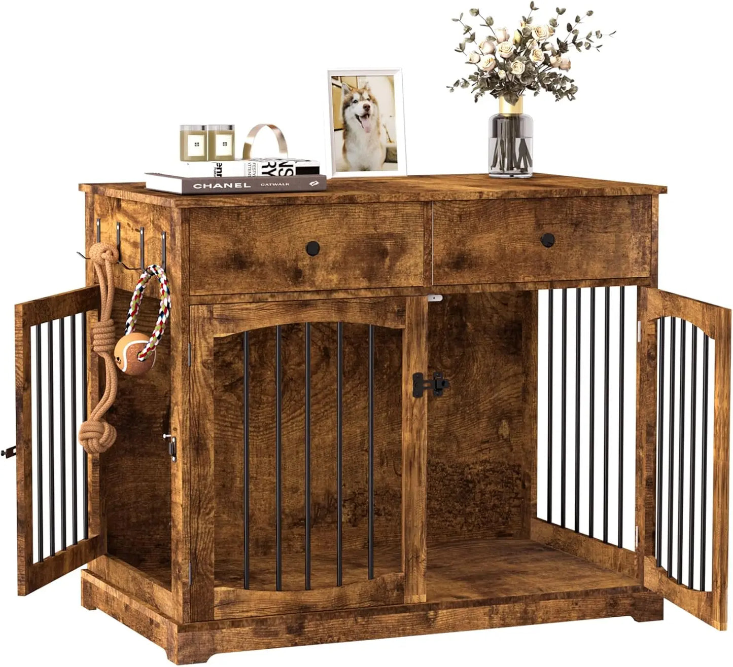 Dog Crate Furniture-Farmhouse Dog Kennel with Drawers-End Table Wooden Pet Crate, Double Door Design,Decorative Dog House Indoor