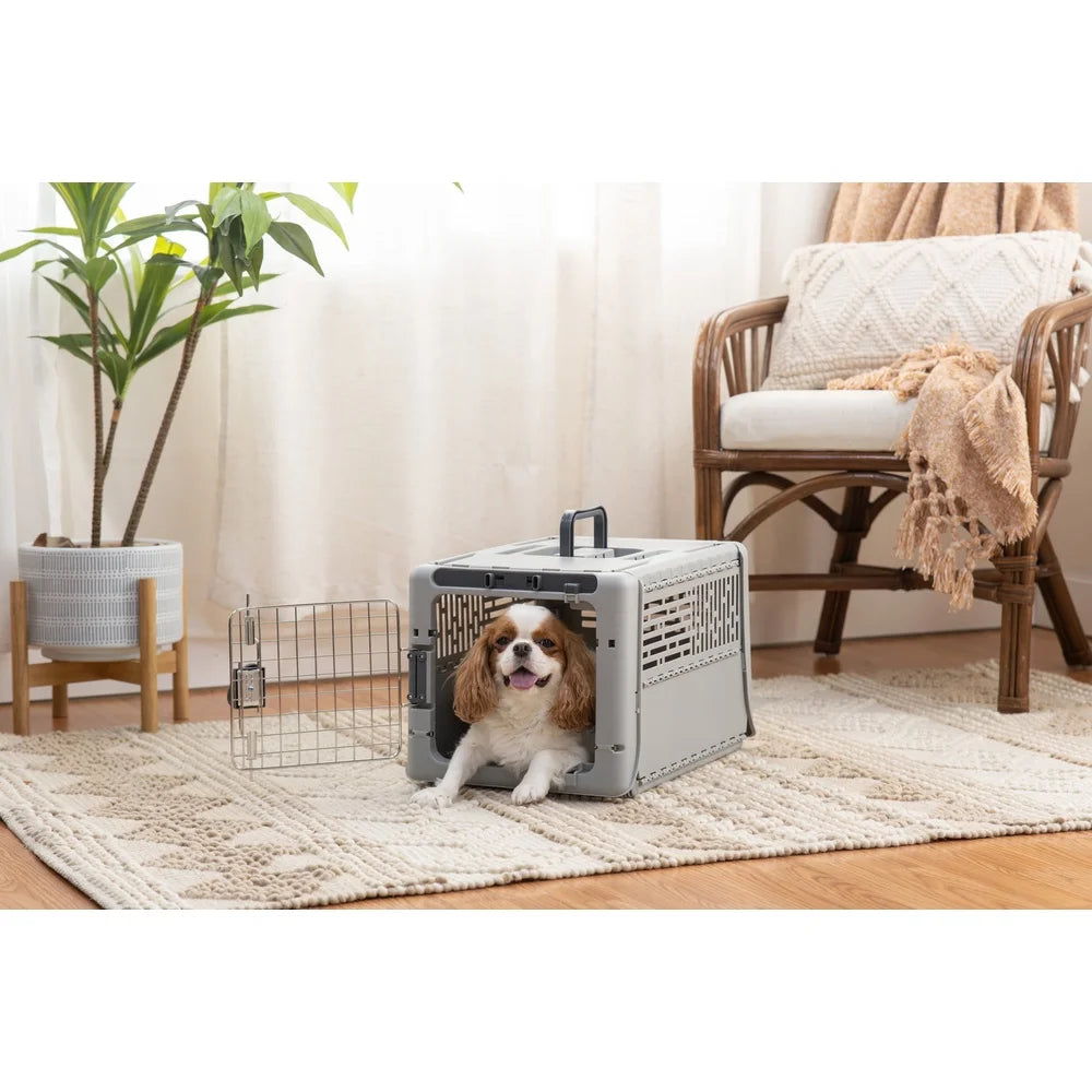 Collapsible Plastic Dog Kennel Portable Foldable Pet Carrier with Locking Metal Gate Ventilation Indoor Outdoor Use
