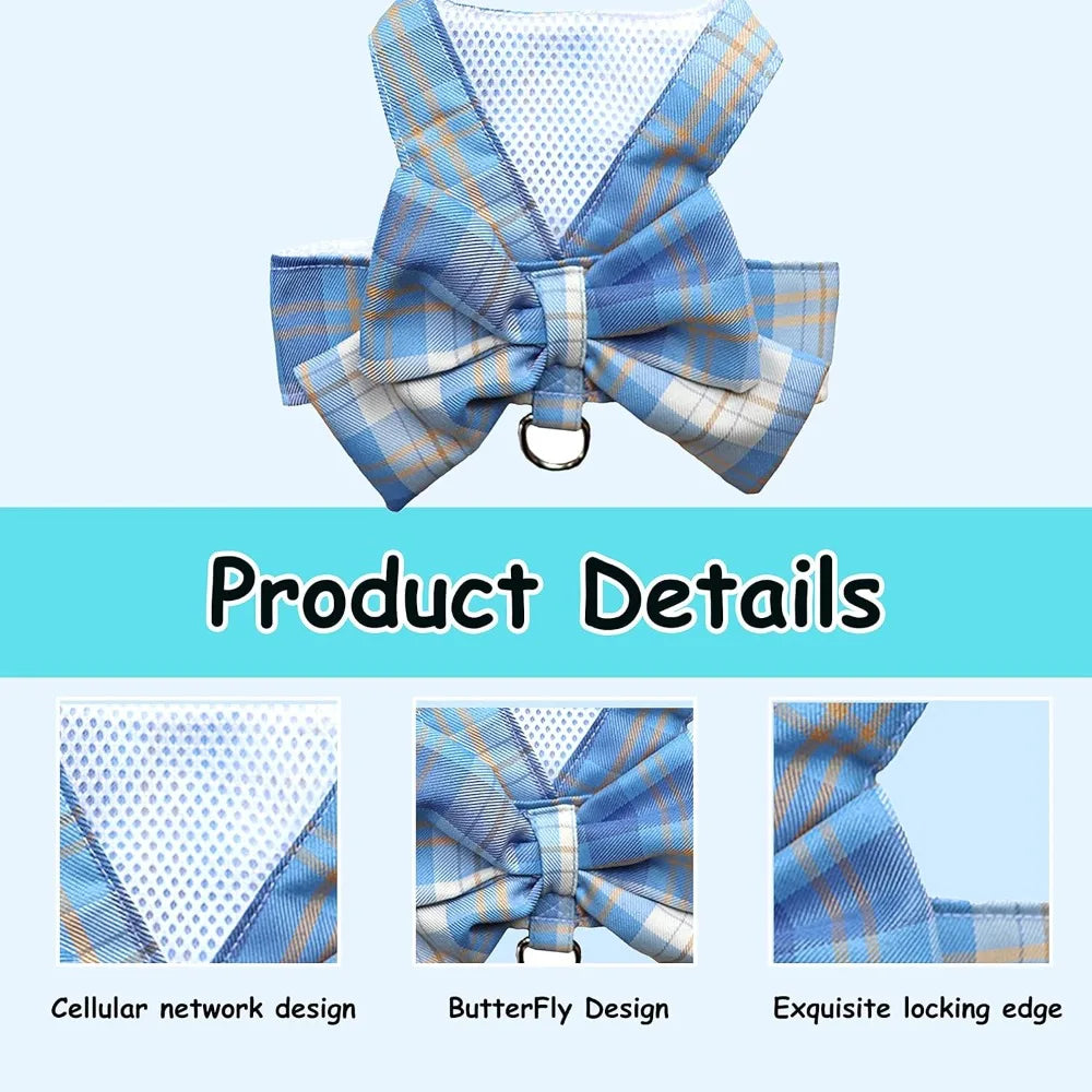 Plaid Dog Dress Bow Tie Harness Leash Set,Dog Clothes Harness Dress with Leash Ring for Small Dogs Girl, Puppy Princess Rabbit C