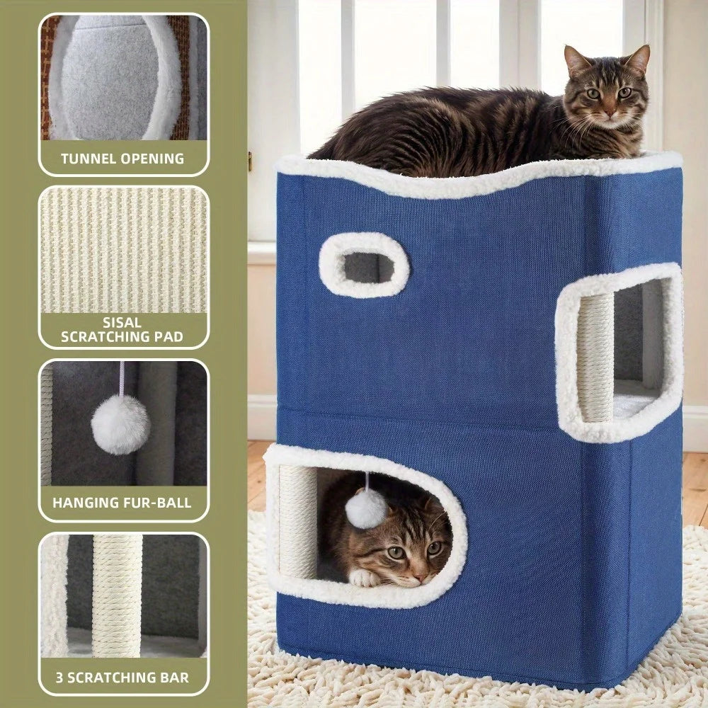 2-Level Plush Cat Condo with Cooling Mat & Soft Fleece Top, Multiple Scratching Posts, Cozy Hideout Cave, Blue Pet Furniture
