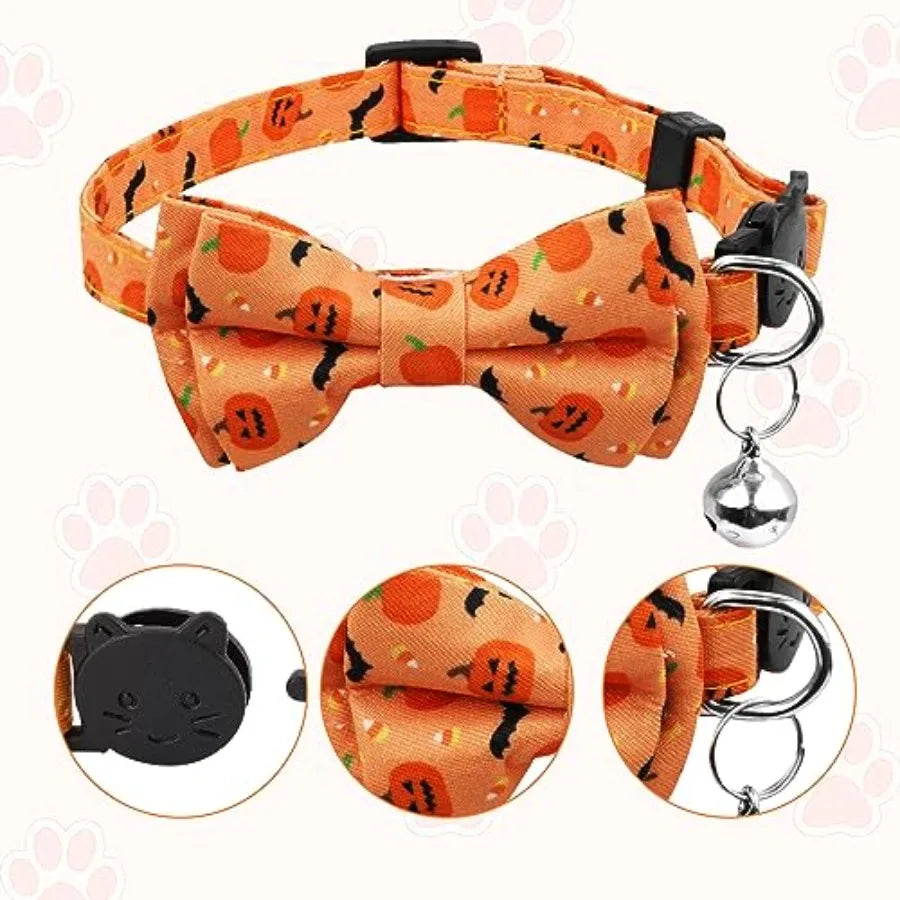 2pcs Halloweedjustable Cat Collar with Bow Printed Pumpkin Bats Pattern Breakaway with Silver Bell Cute Collar for Kitten Puppy