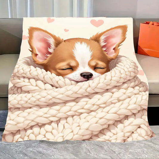 1pc Flannel Blanket Cute Chihuahua in Knit Blanket Cozy Throw for Home Decor