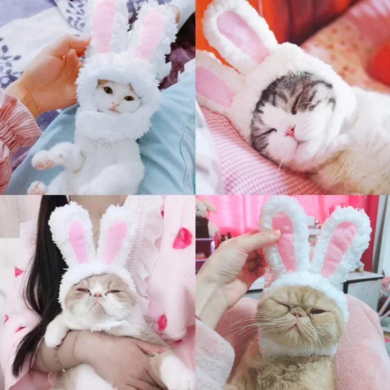 Funny Cat Headgear Cute Rabbit Ears Cap for Cats Warm Plush Pet Hat Christmas Cosplay Props PhotoProp Kitten Headwear Supplies