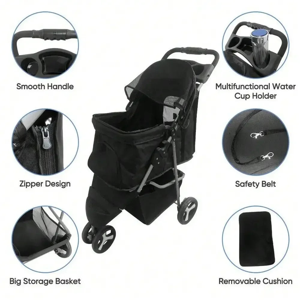 Foldable Pet Stroller 3 Wheels for Dogs Strolling Cart Carrier W/Storage Basket