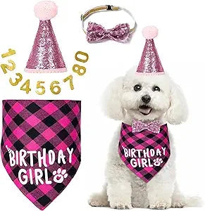 Dog Birthday Party Supplies Decorations with Dog Bandanas/Birthday Hat/Bow Tie Collar with 0-8 Numbers, for Medium Small Dogs Pe