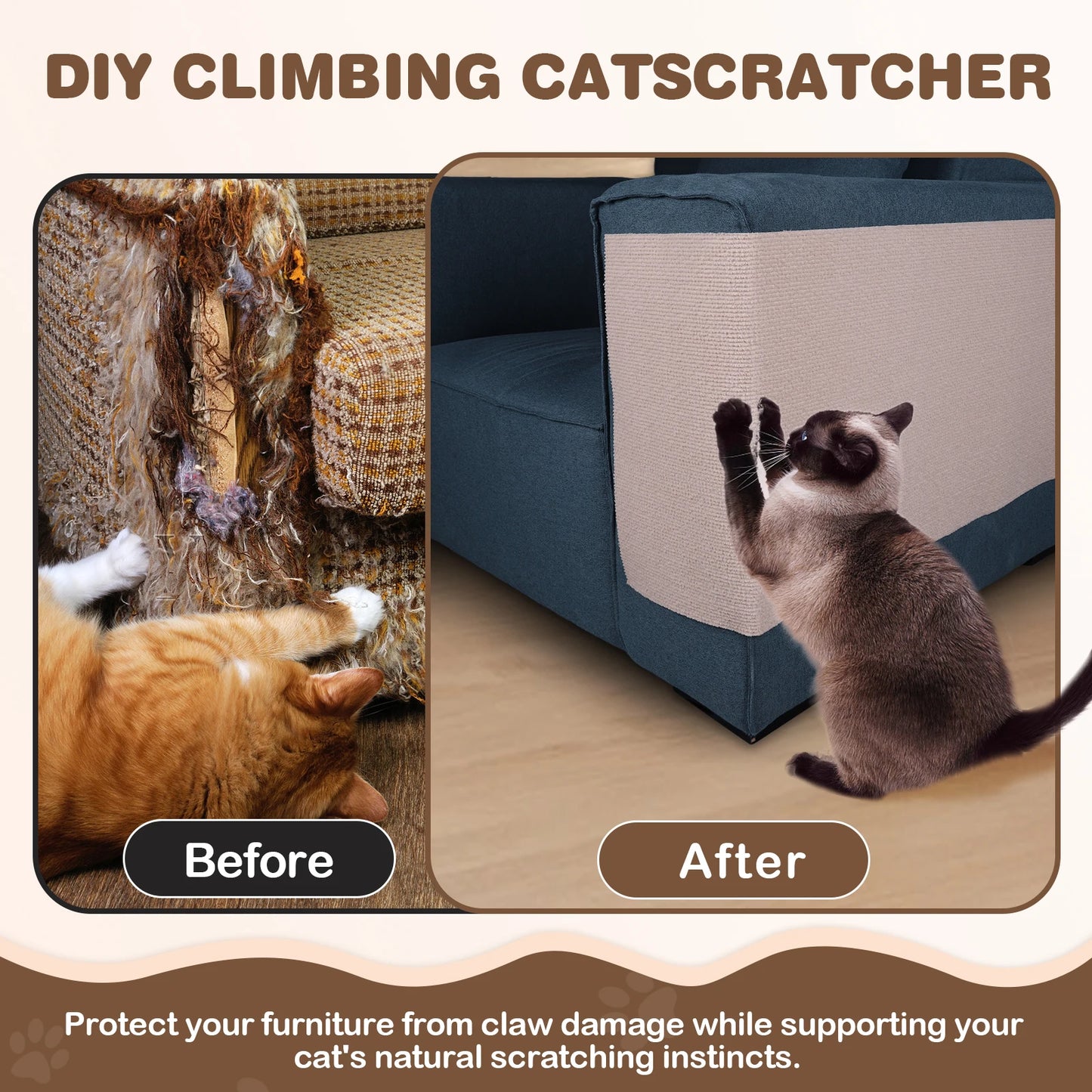 2Pcs Cat Scratching Mat Furniture Protector Trimmable DIY Cat Scratching Pad Self-Aadhesive for Couch Sofa Furniture Protect