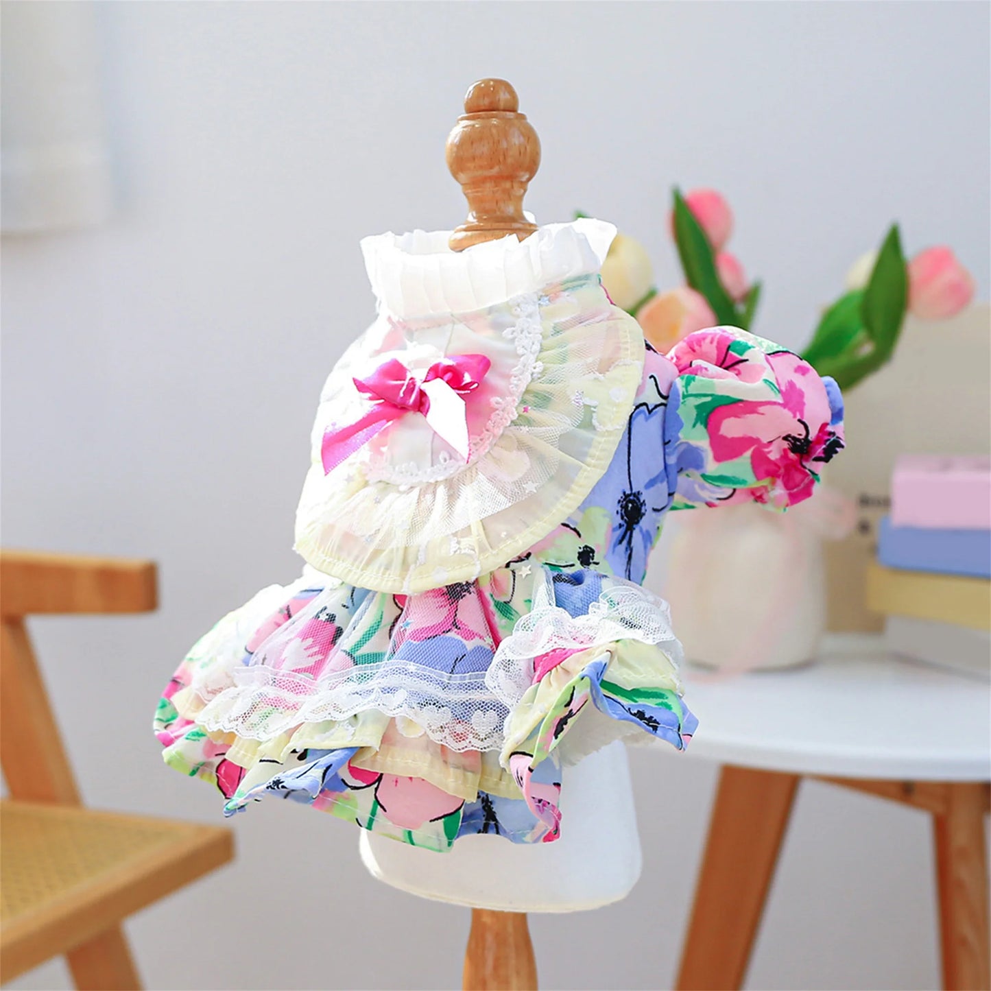 Elegant Floral Lace Embroidered Pet Dress with Bubble Sleeves and Bow Detail - Stylish Princess Dog Costume