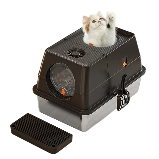 Stainless Steel Cat Litter Box with Lid Large Enclosed High Sided Litter Box Carbon Filters Easy Cleaning Anti-Urine Leakage