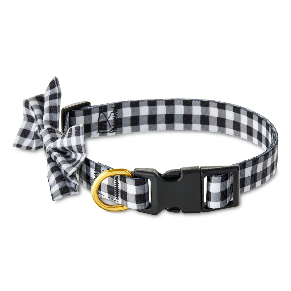 Gingham Bow Tie Dog Collar Adjustable Medium Size Stylish Pet Accessory with Metal D-Ring Leash Attachment