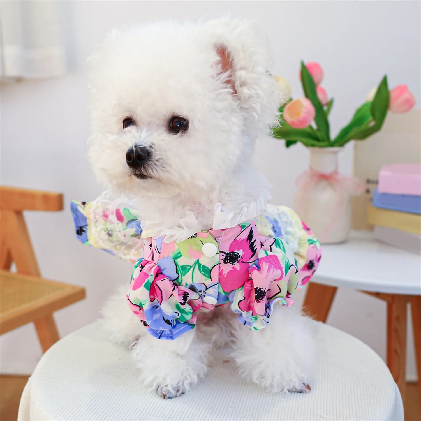 Elegant Floral Lace Embroidered Pet Dress with Bubble Sleeves and Bow Detail - Stylish Princess Dog Costume