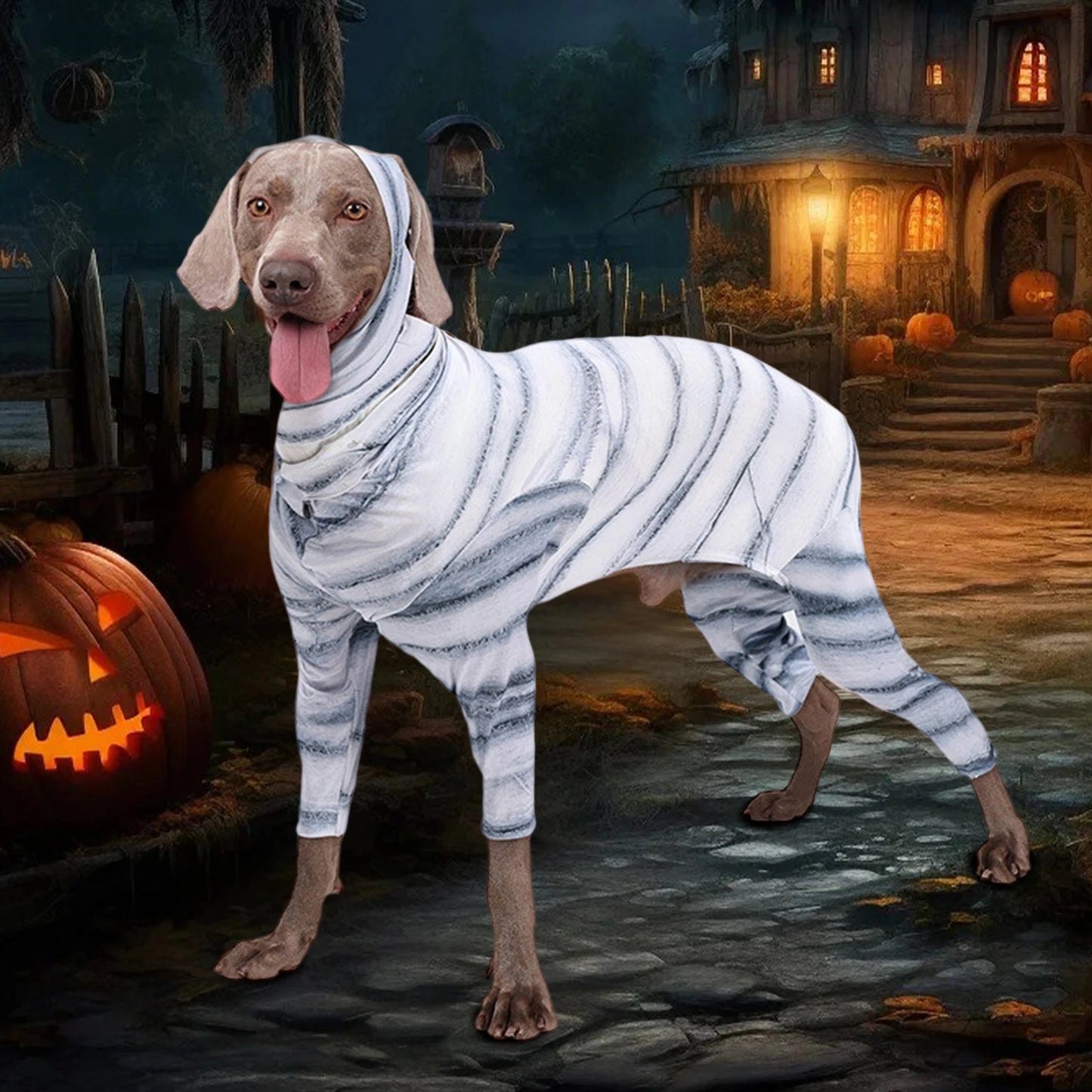 Funny Halloween Costume for Dogs and Cats - Striped Mummy Print Jumpsuit for Pet Cosplay Party Outfit Perfect for Decoration