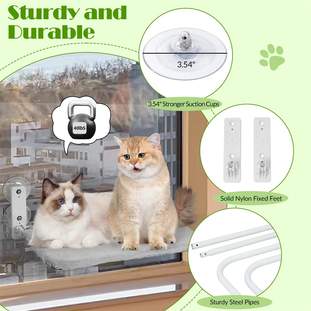Foldable Cat Window Hammock Bed Seat with 4 Suction Cups Reversible Two Fabrics 40Lbs Load Glass Mounted for Sunbathing