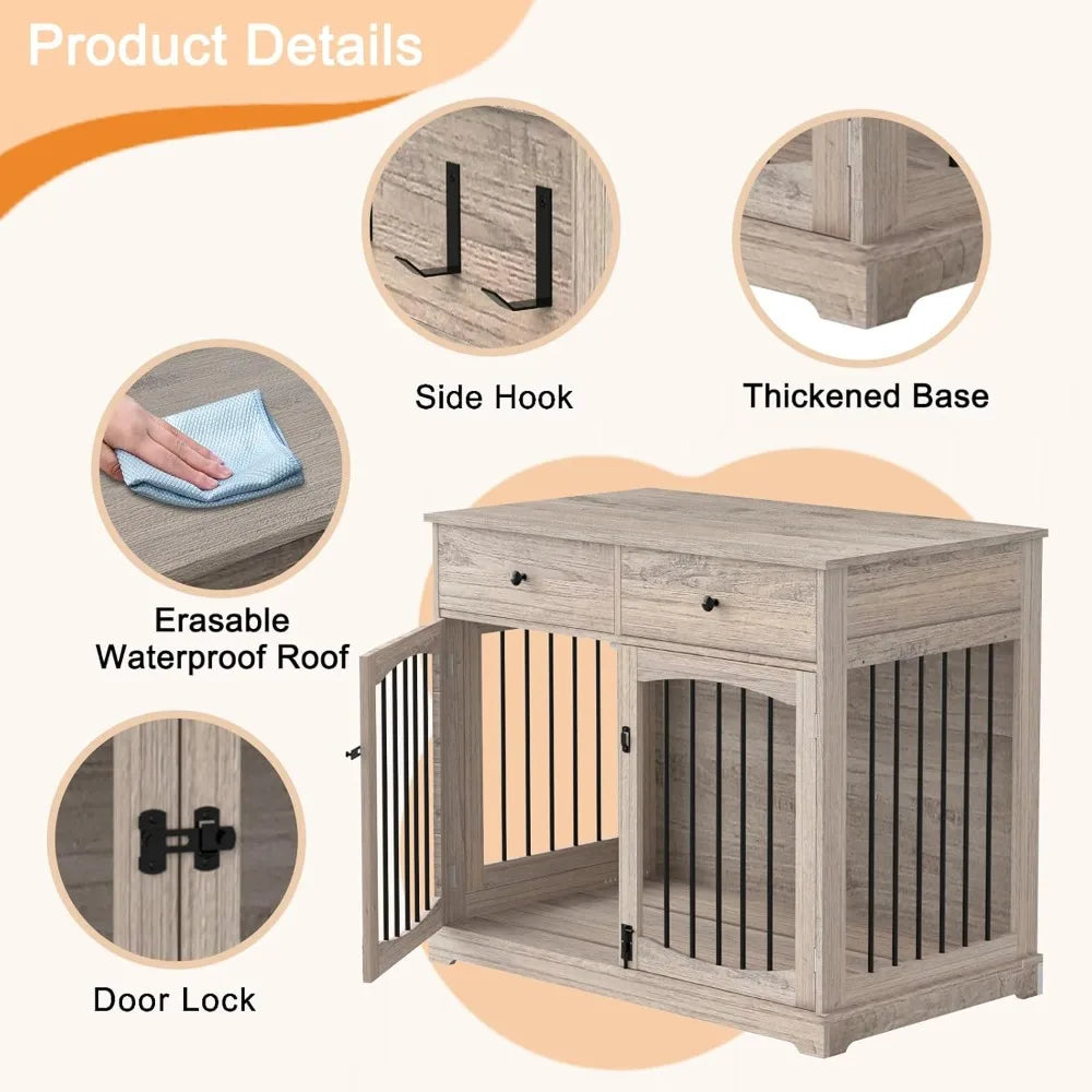 Dog Crate Furniture-Farmhouse Dog Kennel with Drawers-End Table Wooden Pet Crate, Double Door Design,Decorative Dog House Indoor