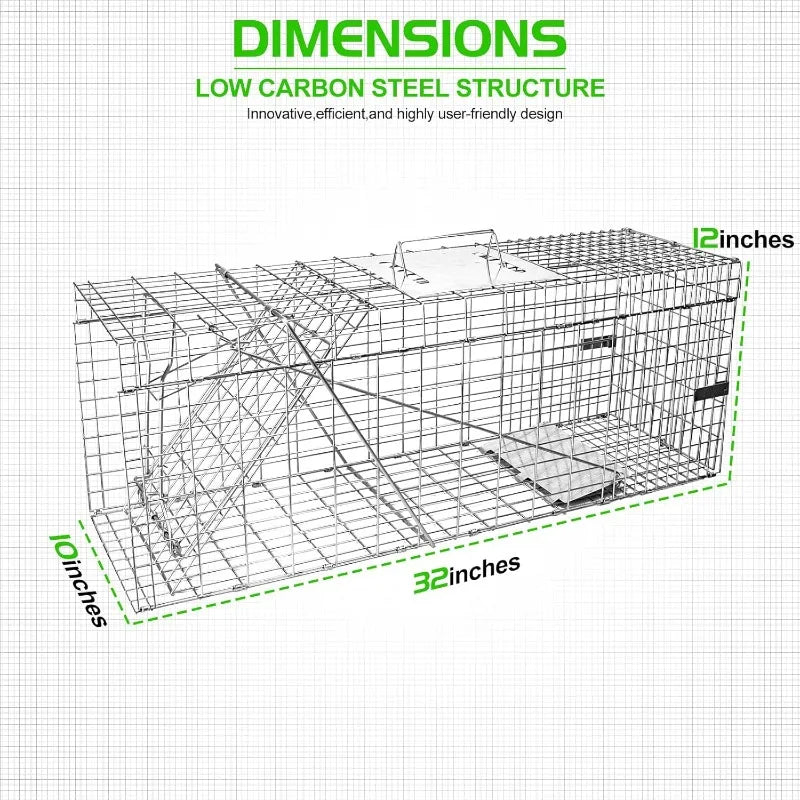 32" Live Animal Cage Trap, Heavy Duty Folding Raccoon Traps, Humane Cat Trap for Stray Cats, Raccoons, Squirrel, Skunk, M